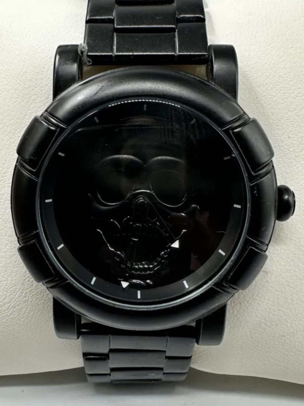 Skmei Skull Dial Watch Men All Black 46MM Round Dial New Battery 8.75 Inch